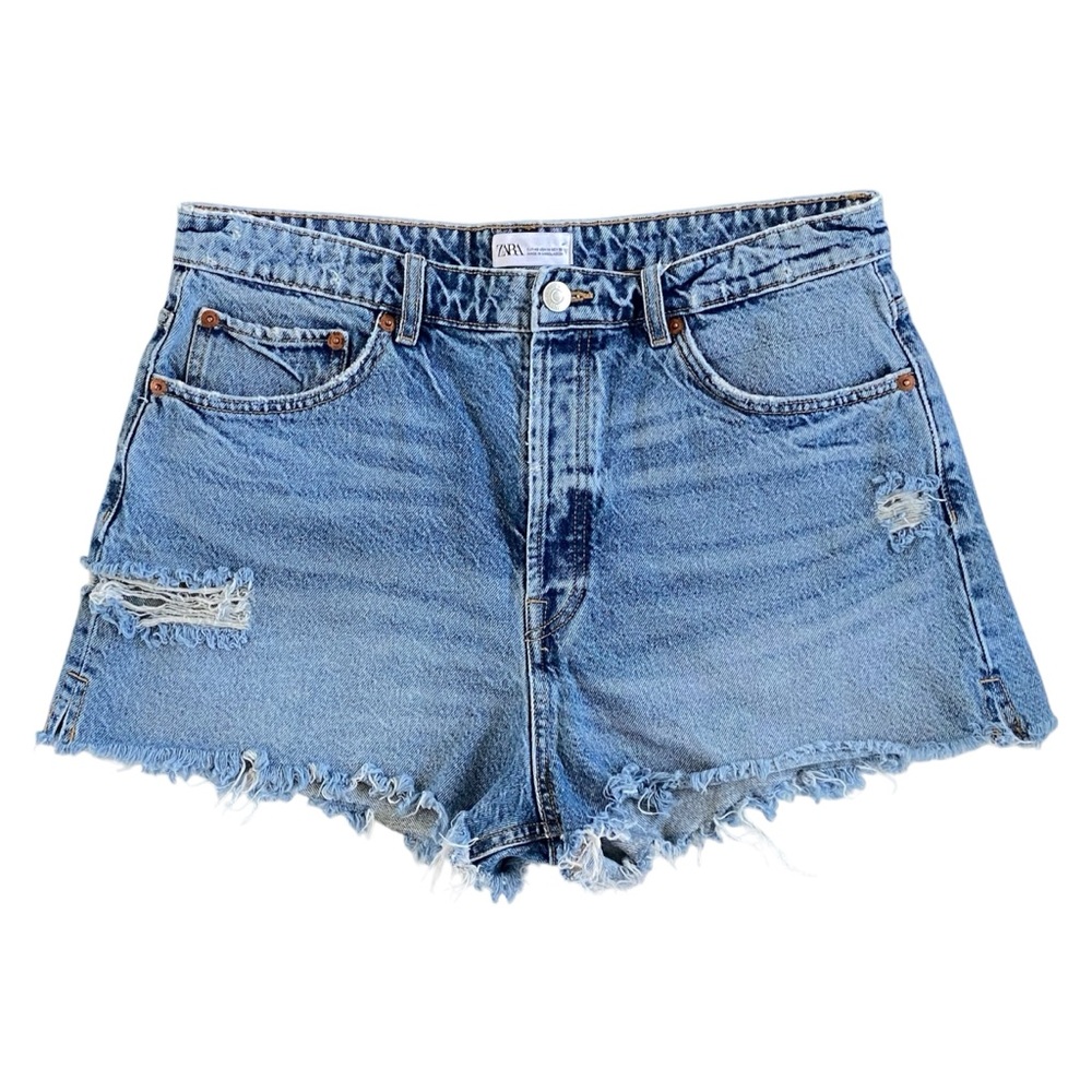Zara High Waisted Distressed and Ripped Medium Wash Denim Shorts Women's Size 14